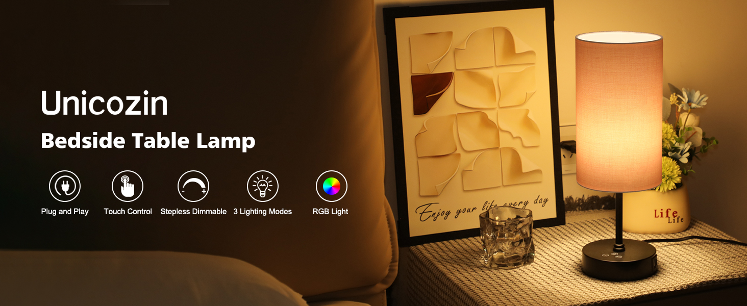 Unicozin Table Lamp for Bedroom, 3 CCT, 7 RGB Colors, Adjustable Brightness, Dual USB Charging Ports