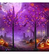 2 Pack 5FT Black Halloween Tree with 200 LED Orange and Purple Lights | Halloween Decorations Spo...