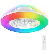 FOLKSMATE 16" RGB Low Profile Ceiling Fan with Light and Remote, Stepless Dimmable Flush Mount LE...