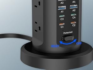 The black power strip tower has an on/off switch.