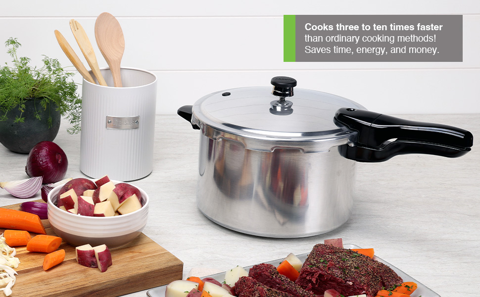8 Qt aluminum pressure cooker on counter