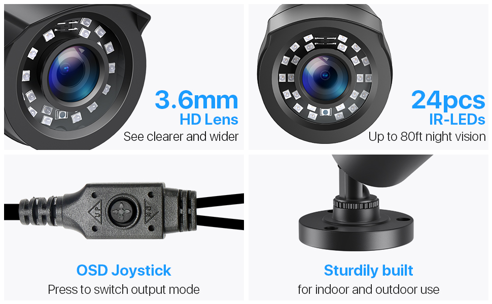 bullet security camera with 3.6mm HD lens, 24pcs IR leds, OSD joystick