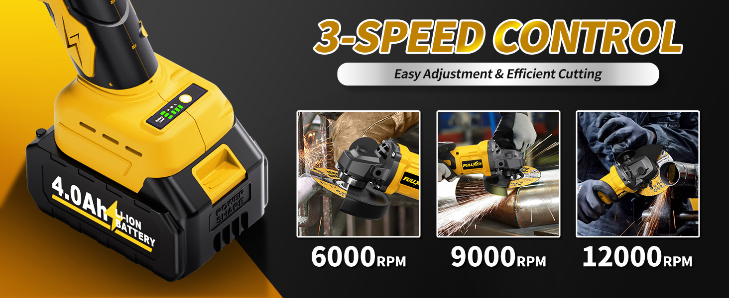 FULLYEA Cordless Angle Grinder 4-1/2&amp;#34; Powerful Brushless Motor 12000 RPM