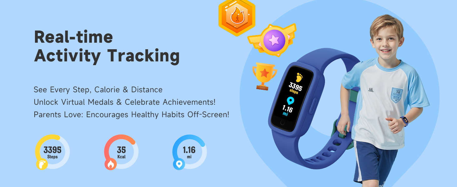 Text reads 'Activity Tracking' and 'Real-time'. Digital fitness tracker interface showing activity monitoring screens with blue background.