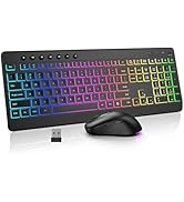 EDJO Wireless Keyboard and Mouse Combo, 10 Backlit Effects, Rechargeable 2.4GHz Silent Full-Size ...