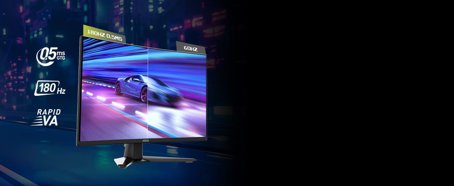 32” 1000R curved WQHD Rapid VA display with 180Hz refresh and 0.5ms response time.