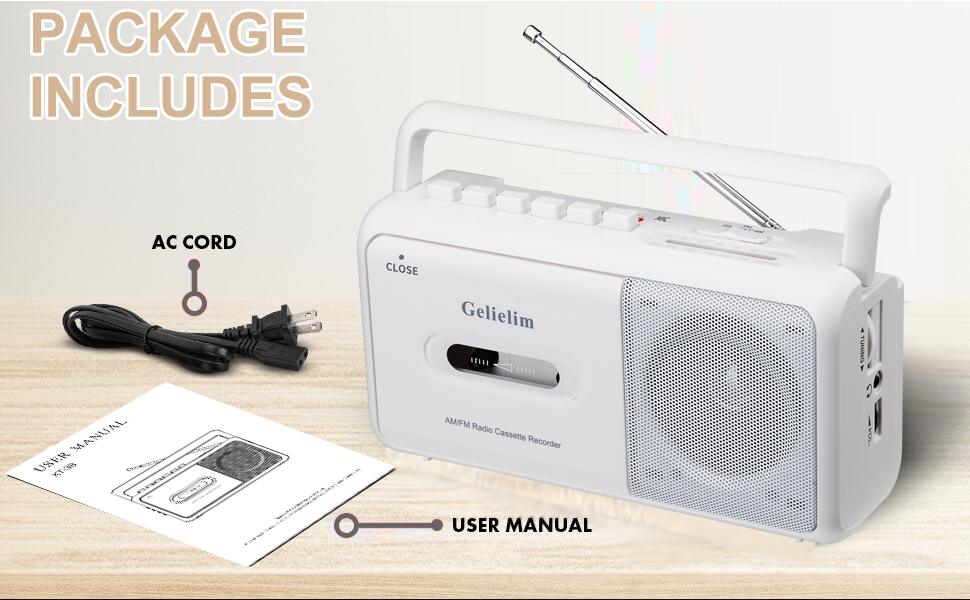 Package includes cassette player,power cord and user manual.
