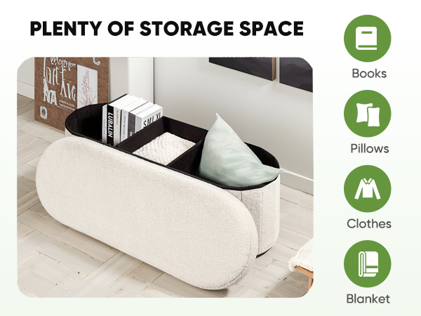 Text reads 'PLENTY OF STORAGE SPACE' with icons for 'Books', 'Clothes', 'Blanket'. White upholstered storage bench or ottoman shown from multiple angles.