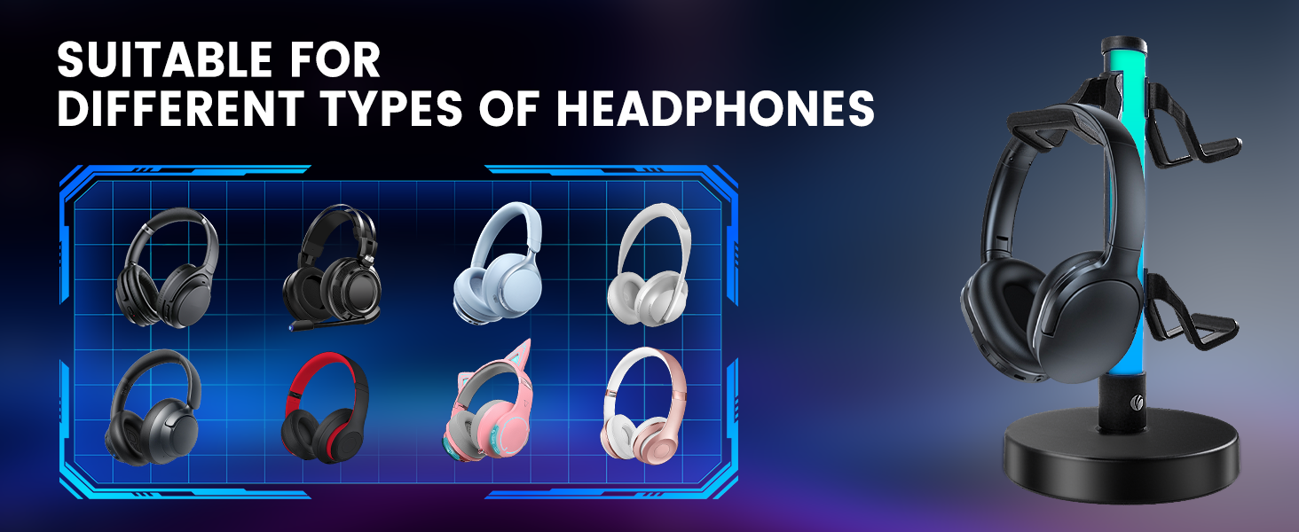 Text reads: 'SUITABLE FOR DIFFERENT TYPES OF HEADPHONES'. Display showing various gaming headset styles with turquoise headset stand featured prominently.