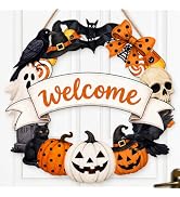 Halloween Welcome Wreath for Front Door Wooden Pumpkin Ghost Door Decor | Farmhouse Skull &amp; Black...