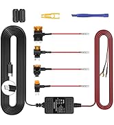 Vehicle hardwire kit with long black power cable, multiple fuse tap adapters with red wires, yellow fuse puller tool, blue pry tool, and additional wiring components.