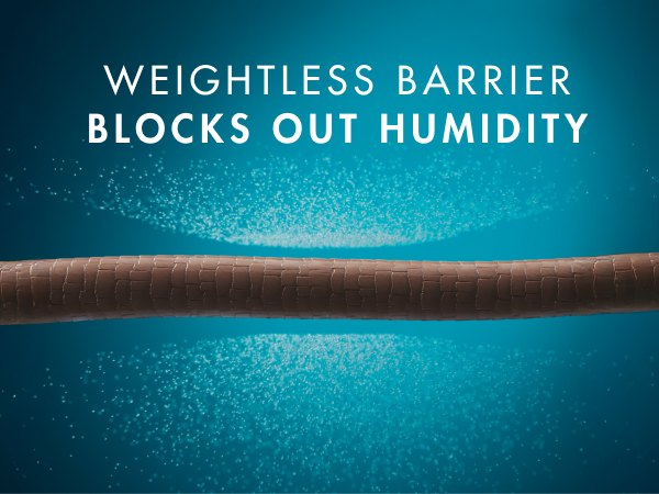 Digital closeup of hair strand with a barrier that blocks humidity under some titles.