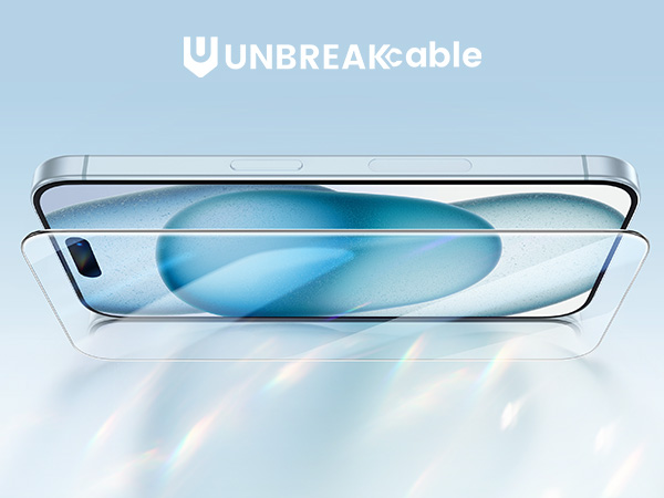 Smartphone screen protector labeled 'UNBREAKable' shown floating above a phone, emphasizing its protective qualities and transparent design.