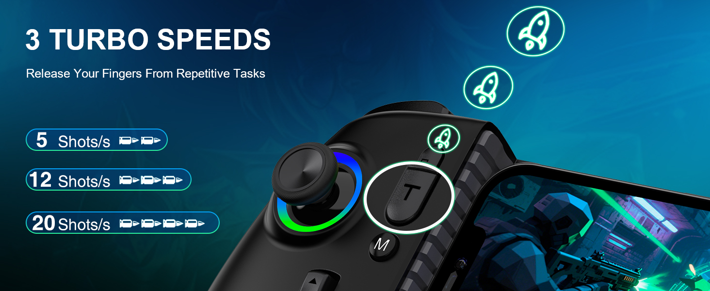 Mobile gaming Controller with Led Light, Upgraded Joysticks, Turbo, Thumb Grips