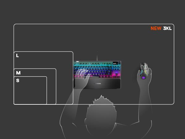 -Drawing comparing Small, Medium, Large, and 3XL SteelSeries QcK sizes