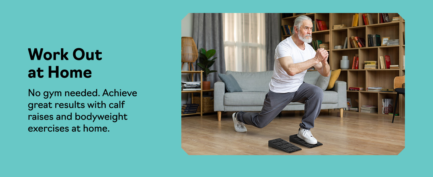Man doing home workout on slant board calf stretcher and squat wedge block for leg exercise