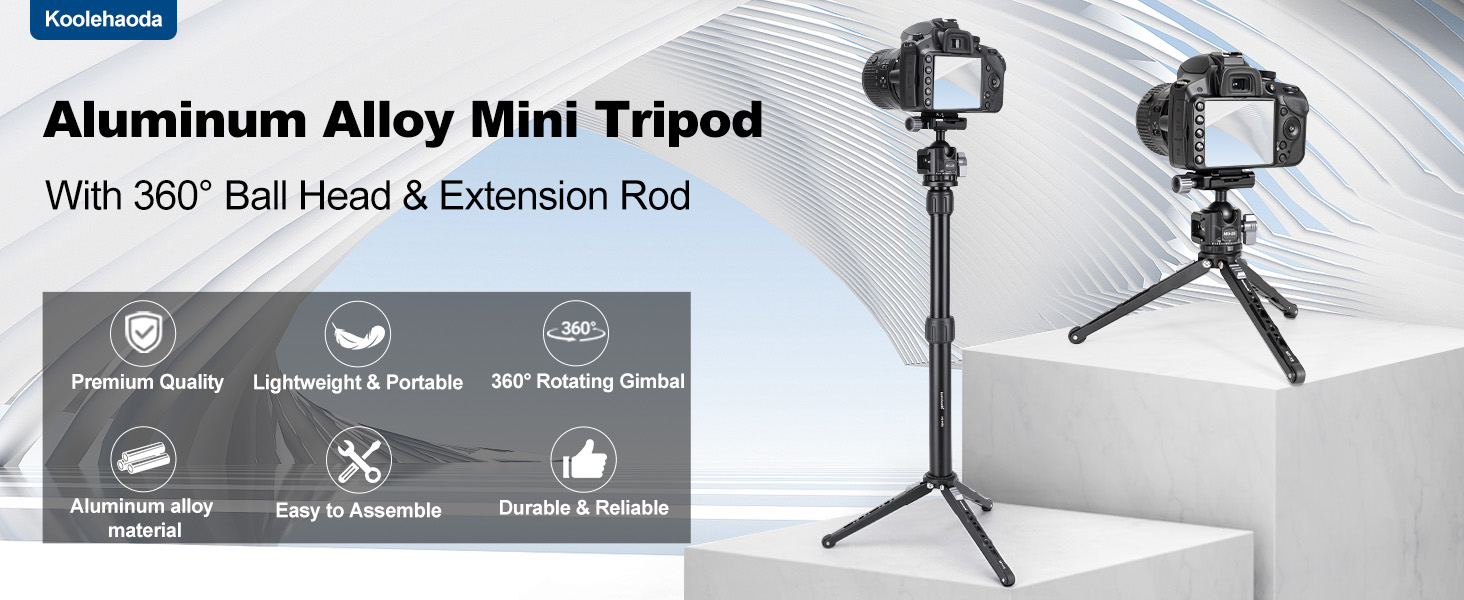 Koolehaoda Mini Tripod for Camera, 3-in-1 Selfie Stick Tripod with Extension Pole &amp;amp; Phone Holder