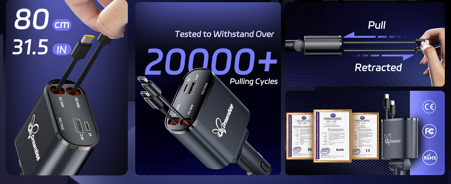 Car Charger,Retractable Car Charger,USB C Car Charger,Car Phone Charger