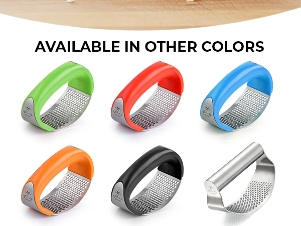 Compact garlic press rocker with curved design for efficient garlic crushing.