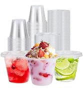 Huifany 100 Pack 9oz Clear Plastic Cups with Flat No-Hole Lids, Disposable Dessert Cups, Small Pa...