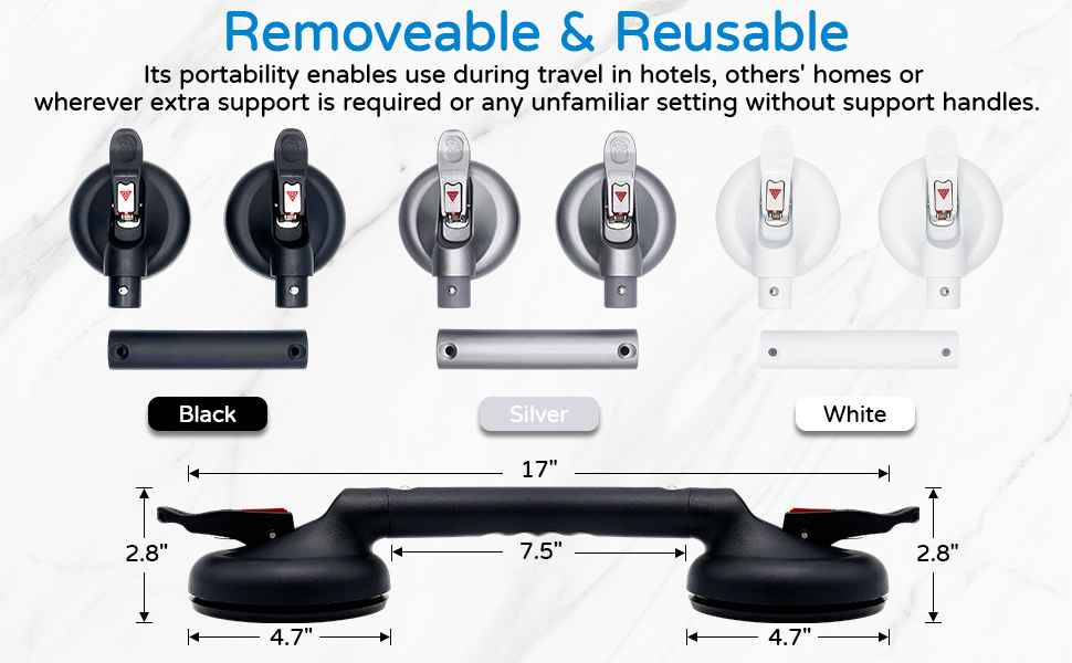 Technical diagram showing removeable and reusable support handles in black and white variants, with measurements and installation options.