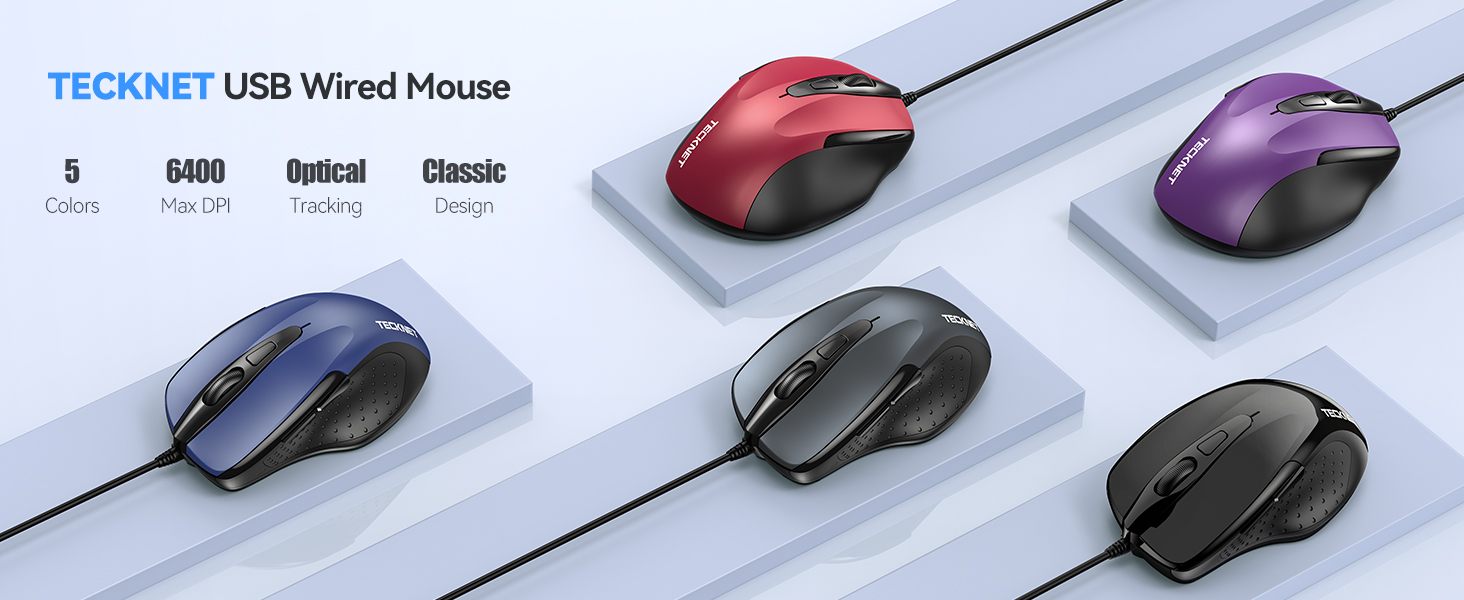 TeckNet USB wired mouse in five colors: black, white, red, blue, and purple. Image shows product lineup on a light background.