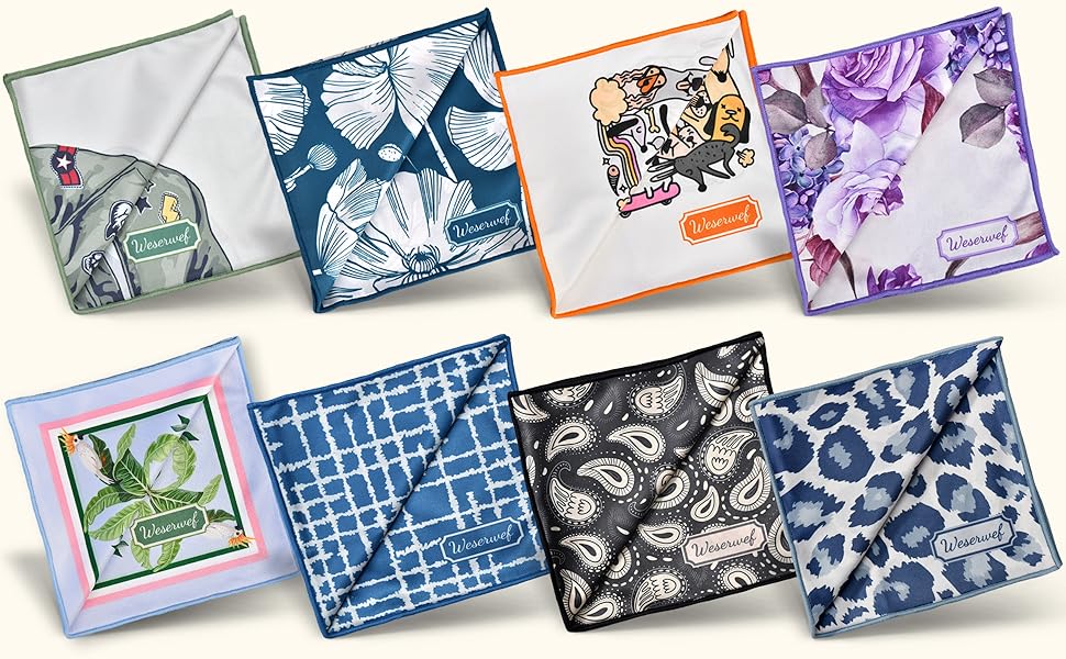 Array of patterned fabric swatches featuring various designs including floral, geometric, and abstract prints in different colors.