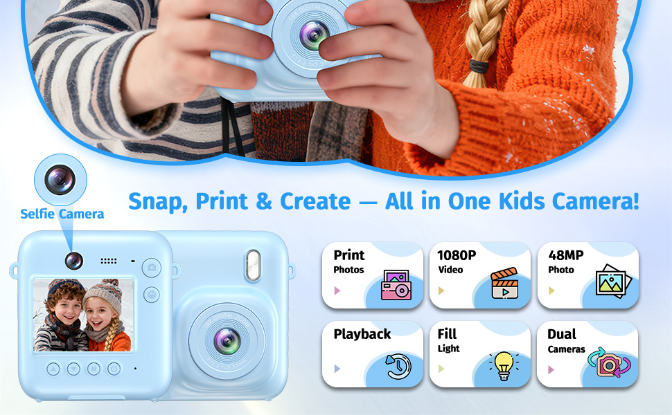 Happy girl and boy using portable instant camera travel toy for outdoor play with lanyard