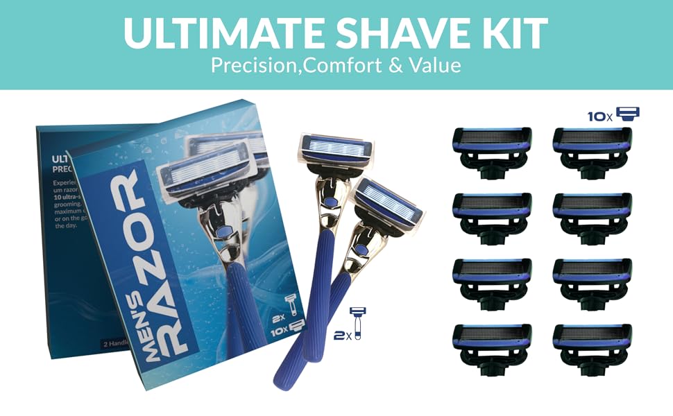 Men’s Razor with 2 Handles &amp; 10 Refill Blades – 7 Blade for Smooth, Close Shave – Precision Trimmer