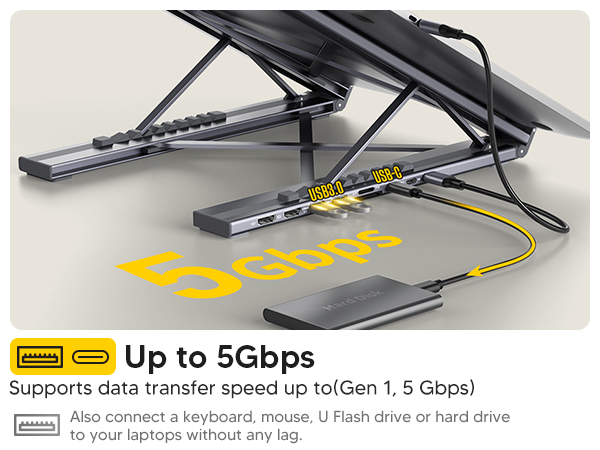 Text reads 'Up to 5Gbps' with note 'Supports data transfer speed up to(Gen 1, 5 Gbps)'. Shows laptop stand with USB connectivity options and additional text about keyboard and mouse connection.