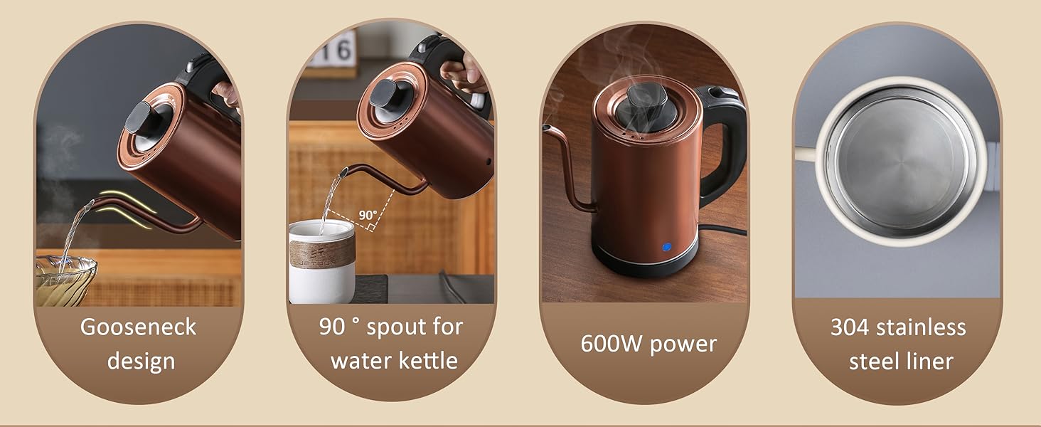 Text reads 'Goldneck design', '30° spout for water kettle', '600W power', 'IKM stainless steel liner'. Electric kettle product features shown in multiple detail shots highlighting design elements.