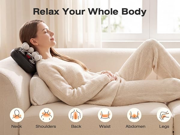 Woman reclines with a full body massager behind her neck, with body-area icons below.