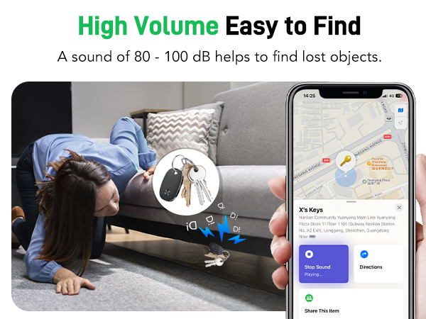 Text reads: 'High Volume Easy to Find' and 'A sound of 80 - 100 dB helps to find lost objects.' Mobile app interface screenshots showing location tracking features.