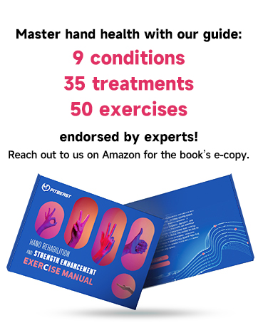Hand health guide book cover. Features '9 conditions, 35 treatments, 50 exercises'. Shows hand illustrations. Mentions expert endorsement and availability.