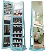 CHARMAID 360° Swivel Jewelry Armoire with Full Length Mirror, Rear Storage Shelves, Lockable Stan...