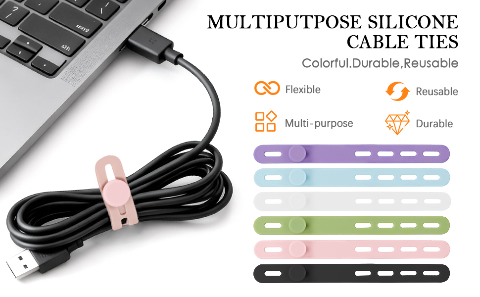 Multi-Color (Purple/Blue/White/Green/Pink/Black) Reusable Silicone Cable Ties—Flexible and Durable