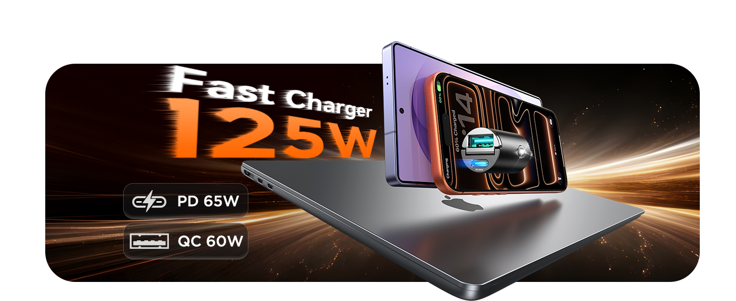 super fast charging, total 125W, includes dual port, pd 65w and qc 60w
