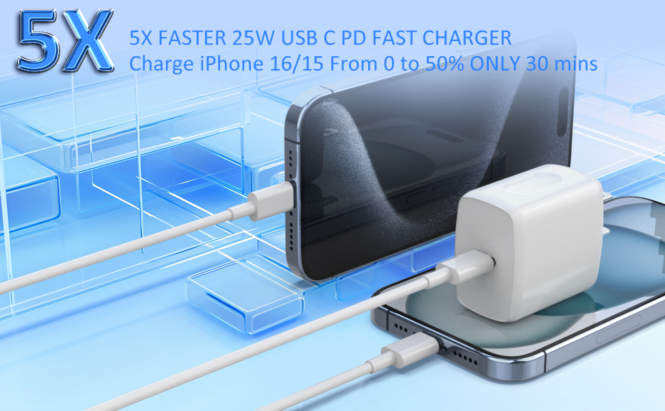 5X FASTER 25W USB C PD FAST CHARGERCharge iPhone 16/15 From 0 to 50% ONLY 30 mins