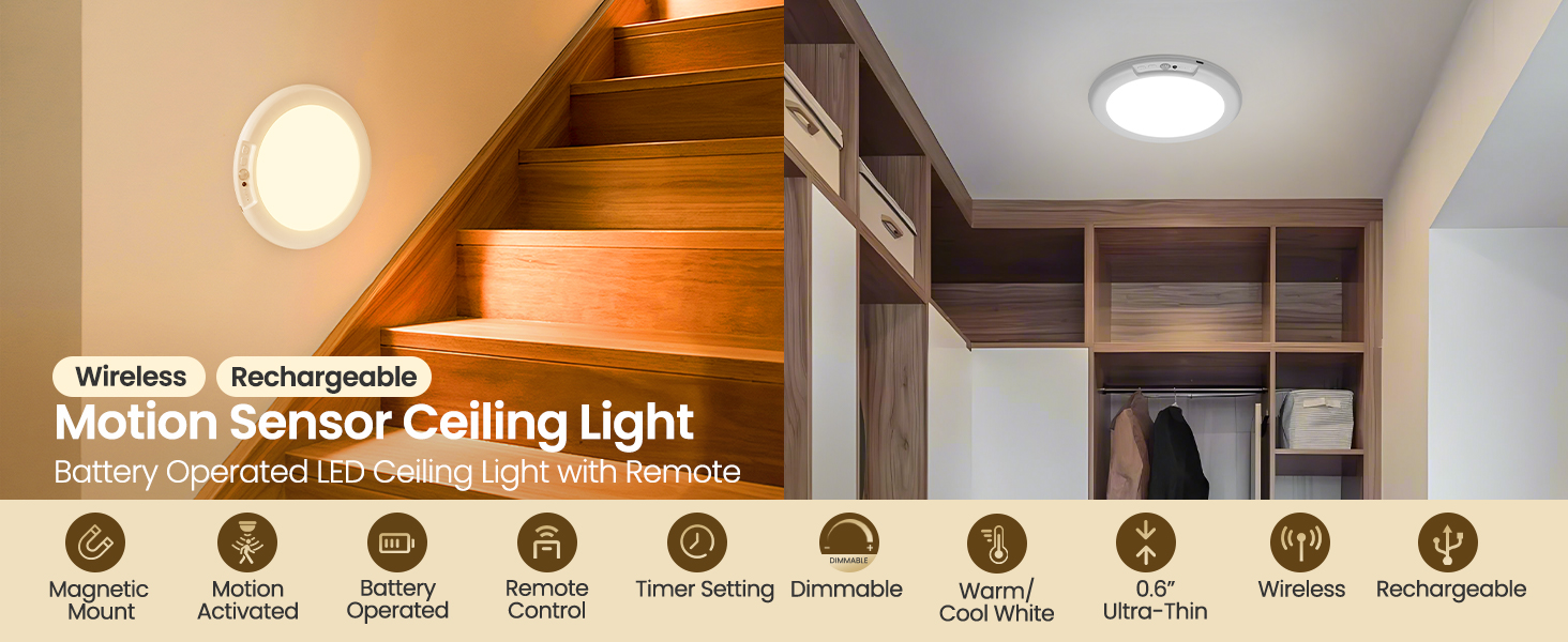 Rechargeable Motion Sensor Ceiling Light with Remote