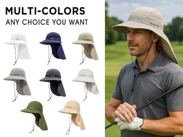 TOP-EX sun hats in multiple colors, lightweight design with neck flap, golfer wearing beige hat.