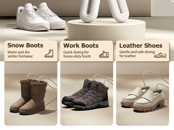 Text reads 'Snow Boots', 'Work Boots', 'Leather Shoes', 'winter footwear', 'heavy-duty boots'. Product showcase displaying various footwear types in neutral tones against beige background.