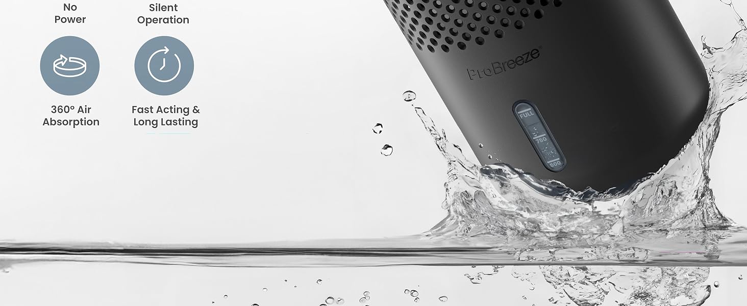 Black cylindrical device with perforated top emerging from water splash. Icons show 'No Freeze' and 'Silent Operation' features. Device appears to be waterproof electronic product.