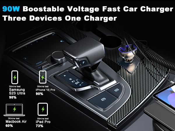 90W Boostable Voltage Fast Car Charger Three Devices One Charger