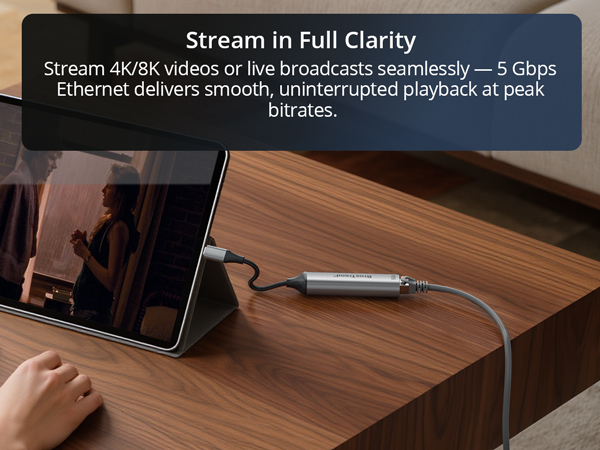 A Woman Is Streaming 4K 8K Video on Her iPad Using the USB-C to Ethernet Adapter