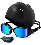 Odoland Swim Goggles Blue,Swim Cap Black