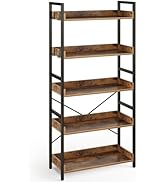 Rolanstar Bookshelf 5 Tier with 4 Hooks, Industrial Wood Bookcase, Vintage Storage Rack with Open...