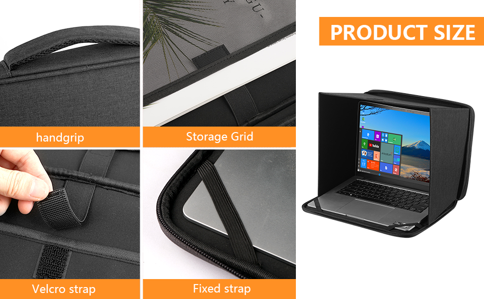 Text visible: 'PRODUCT SIZE'. Product showcase of a laptop or device stand showing multiple angles and usage positions with measurement indicators.