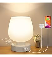 Kakanuo Bedside Table Lamp with Glass Shade, Touch Control, Dual USB A+C Charging Ports, Nightsta...