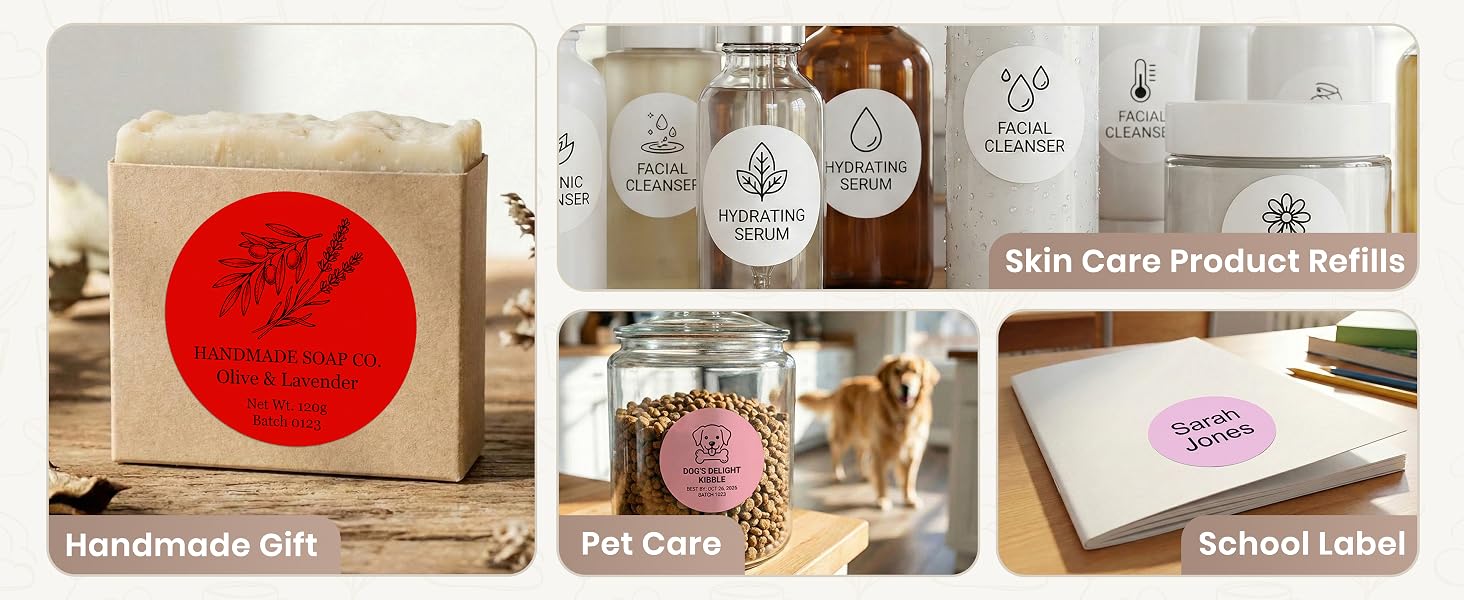 Text reads 'Image 6'. Text visible: 'Skin Care Product Refills', 'Handmade Gift', 'Pet Care', 'School Label'. Collection of labeled product containers and packaging.