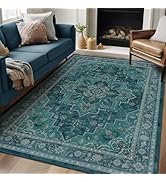 Jainmy Teal 5x7 Area Rugs for Living Room, Vintage Medallion Classic Bedroom Rug Washable Non Sli...